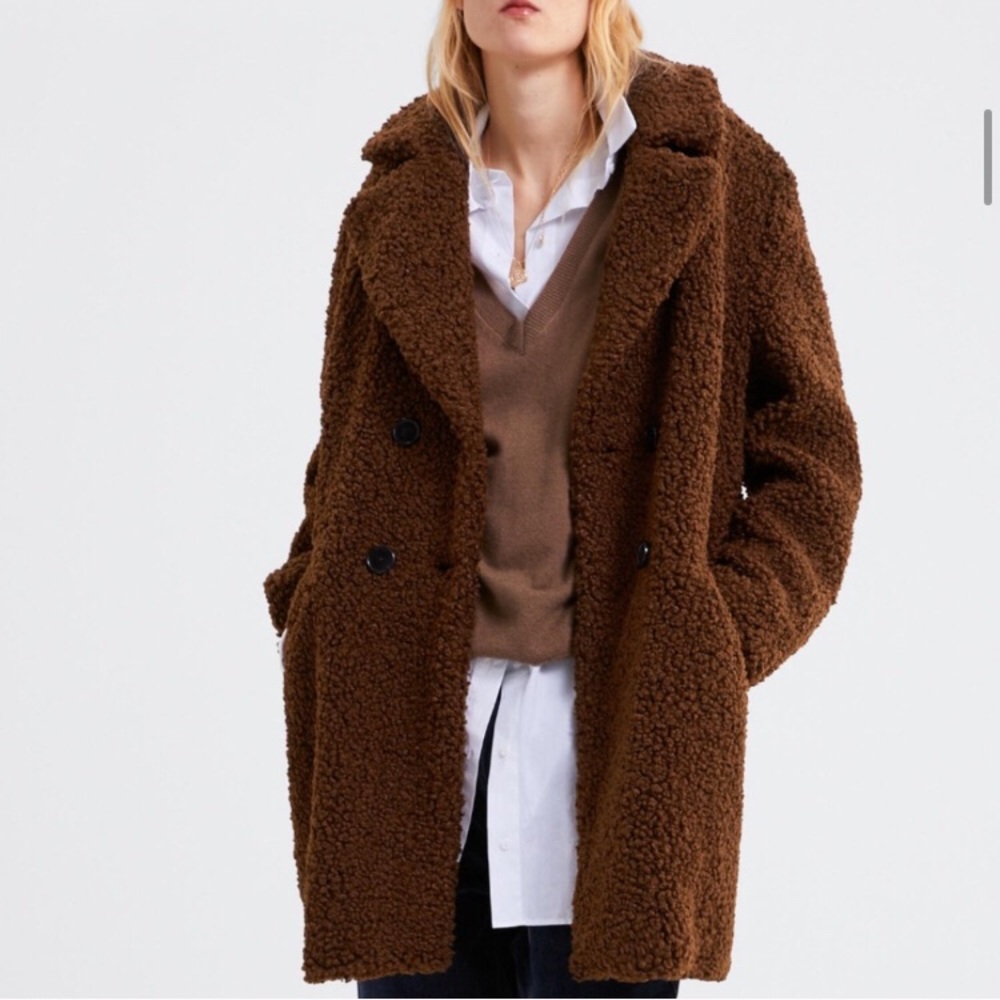NWT Zara Brown Faux Fur Shearling Teddy Coat Sz XL